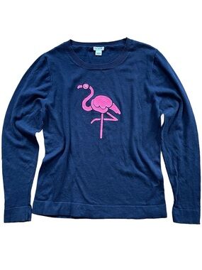 J. Crew Navy Crewneck Teddie Sweater with Pink Flamingo Motif